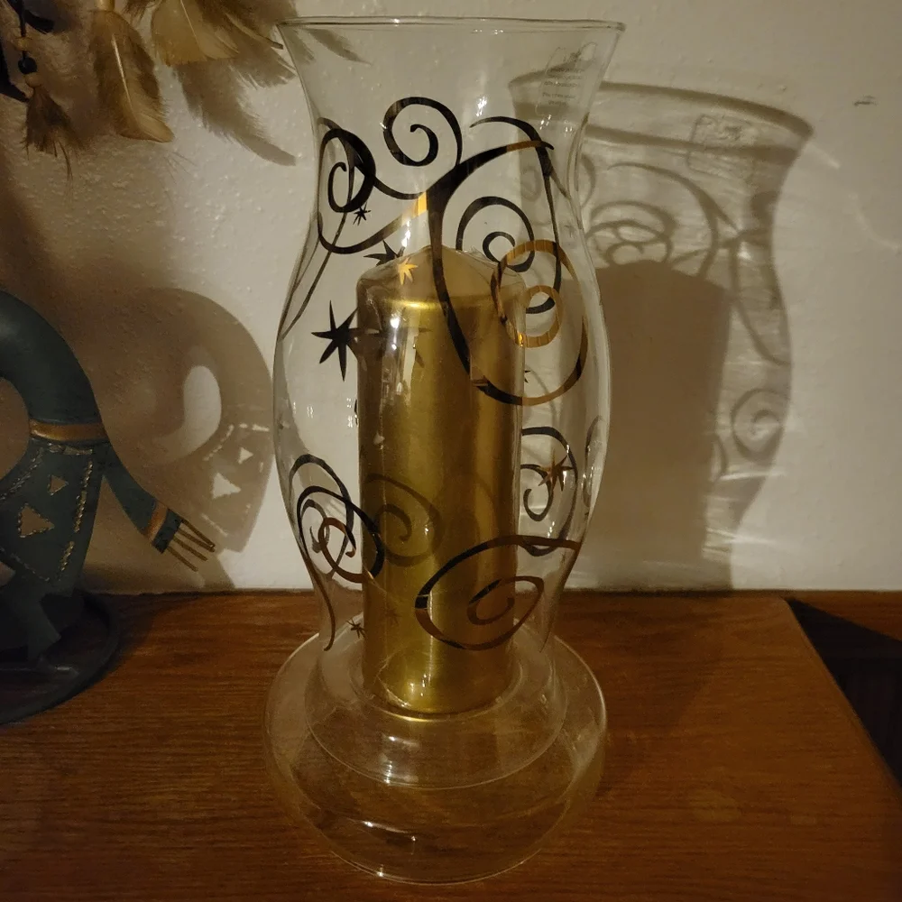 Vtg Pier 1 Imports 2 Piece Candle Holder Clear Glass Gold Accents & Wax Candle